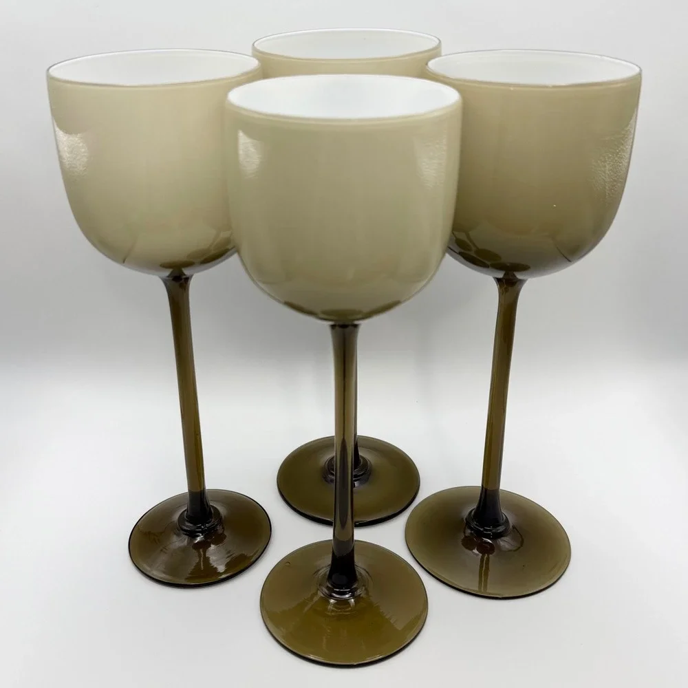 Vintage Carlo Moretti Murano Cased Glass Wine Smoke Taupe Set 4 9.5